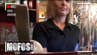 VINTAGE MOFOS - Hot Barmaid Rihanna Samuel Flashes Her Tits To A Customer Before She Sucks His Cock