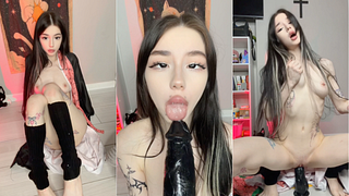 Kawaii Alt Girl does slobbery sloppy toppy and fucks her tight pussy BBC Dildo