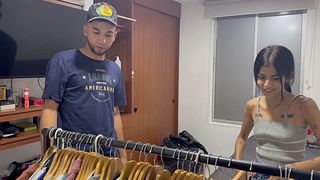 This sexy employee offers me a new shirt in exchange for a hot, hard fuck with orgasms.