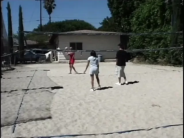Amateur volleyball players having fun after the game foursome under the sun