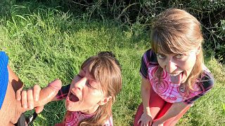 Wife caught in the bushes draining strangers' balls - Outdoor facial