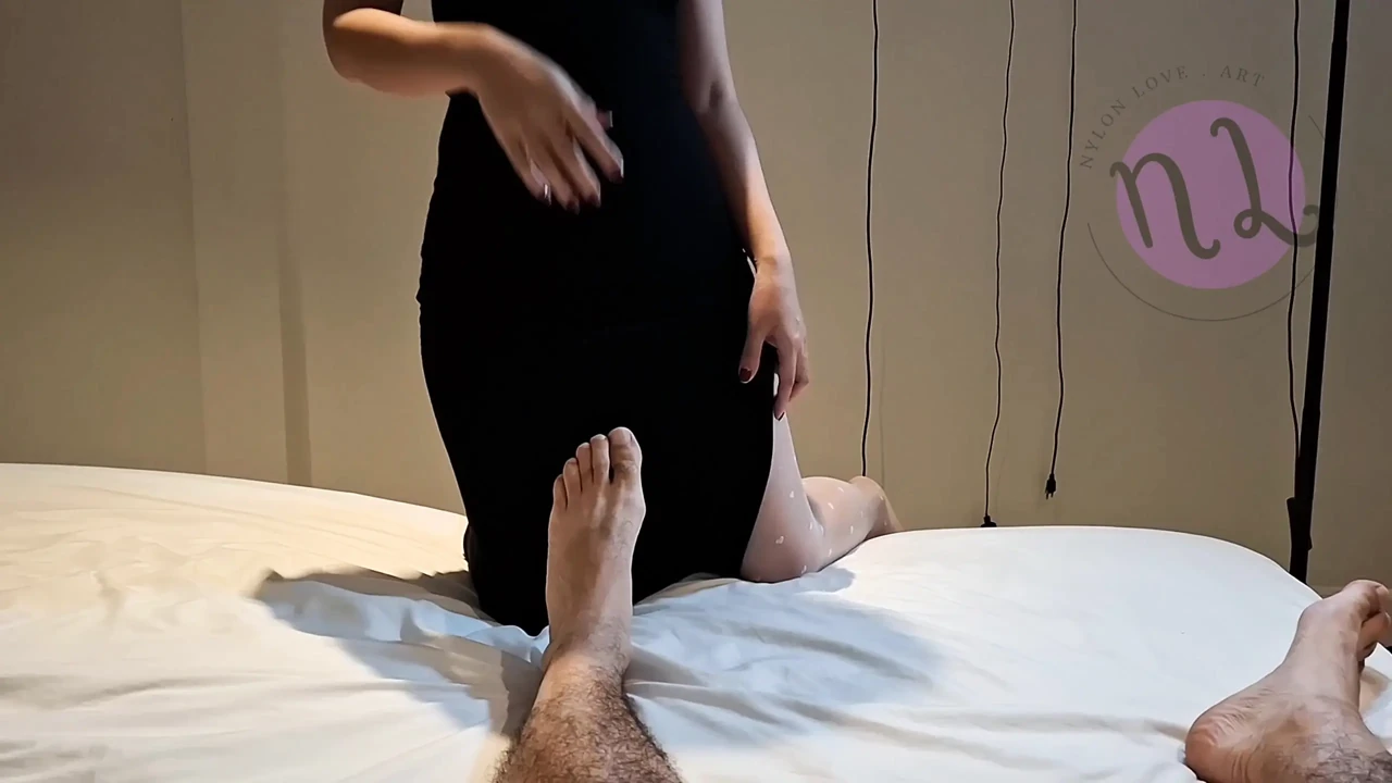 Turbo Handjob in white nylon Pantyhose and massive Cumshot
