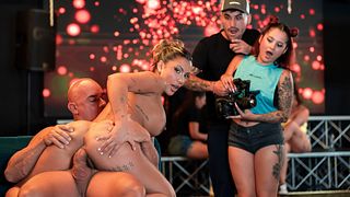 Sloppy Fucking Deepthroat on Cock at Club Bar While Crowd Watches Her Gag