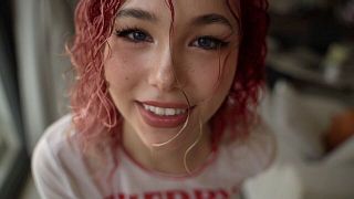 AN ASIAN WOMAN WITH HAIR RED AS FIRE, 10 OUT OF 10, AUTUMN, WET PUSSY