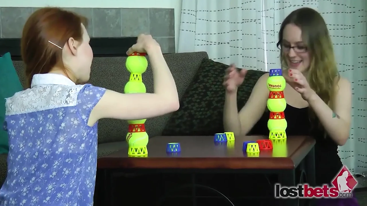 Two Lesbians in an Intimate Strip Ball Stacks Challenge