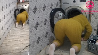 fucked his wife while she is inside the washing machine I contained her in the cozina her head in the laundry machine