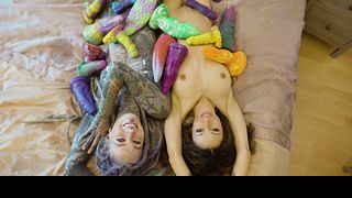 Crazy Anal Toy Destruction  Screaming Lesbians Gape Wide in Rainbow Fishnets