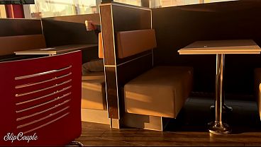 Horny Girl plays with Cock in Fast Food Restaurant - risky public Blowjob