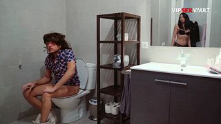 Big-Tit Latina Strips to Fishnets and Sends Him to Jerk Off on the Toilet