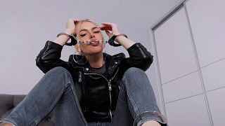 Playing with my handcuffs in leather jacket. Shackles and spit fetish ASMR