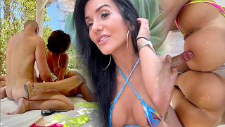 In a public hotel, I get fucked at the pool. A stranger girl watched us and joined us for an outdoor FFM threesome
