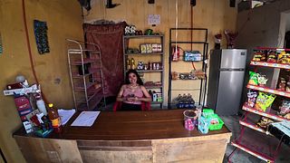 Saleswoman gives me a blowjob in the little shop