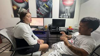 I see my pregnant stepsister stressed about her job and I give her some massages until she gets horny, I end up putting my hard cock in her.