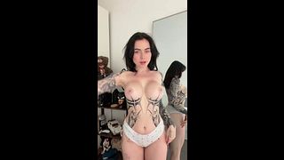 Tattooed tits bounce as she pulls down lace 💗