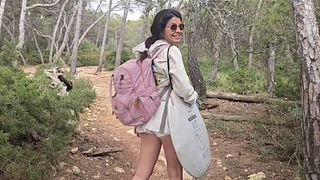 Hot girl has sex in the jungle in public and receives a cumshot in her mouth