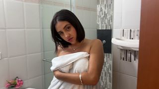 I couldn't resist! Manuela Alvarez takes a shower without underwear and I go in to fuck her hard in the bathroom. POV ends up in real homemade sex.