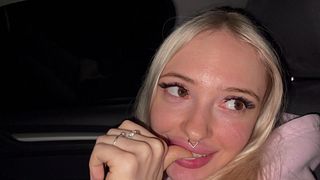 Sweet blonde on the highway. Sex in car