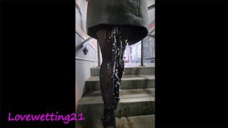 Naughty girl pisses in her pantyhose in public, then gets fucked