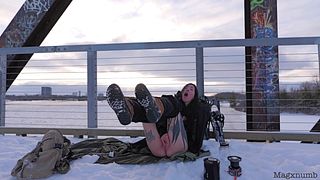 Masterbating outside and Giving my pussy frost bite with an icicle