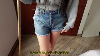 Fucking stepsister in denim shorts hidden from her parents "fuck me but don't tell"