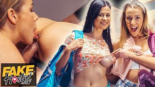 Fake Hostel - Lesbian couple experience their first THREESOME! Great action!