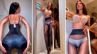 tall girl 188cm in black seamless tights white panties tries on underwear