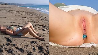 Pussy Sucking Vibrator & Butt Plug on a Public Nude Beach make her Orgasm before getting caught